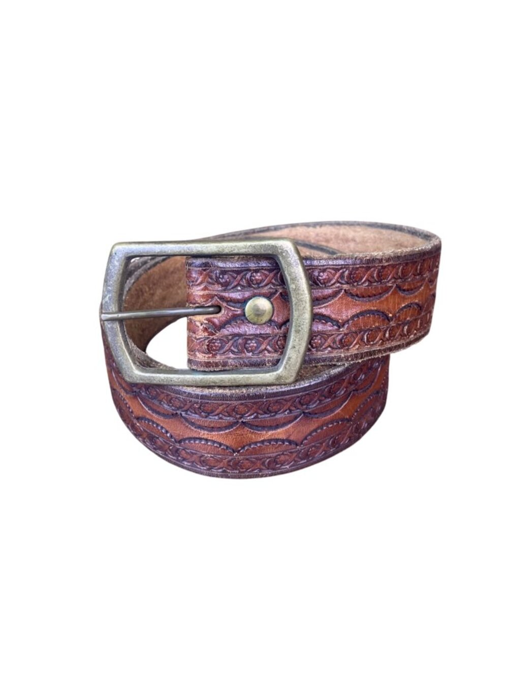 Vintage Brown Leather Embossed Western Belt With Antiqued Brass Buckle